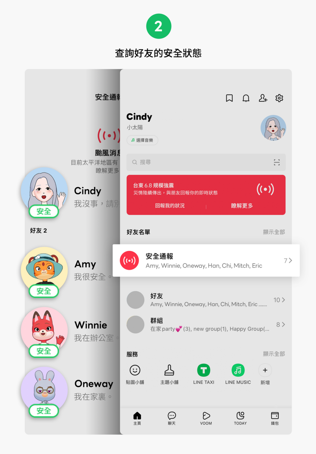 用戶也可以查詢好友的安全狀態功能，使用者於LINE主頁中的「好友名單」處，點選「安全通報」，即可看到好友目前回報的狀態。 圖：翻攝自LINE官網