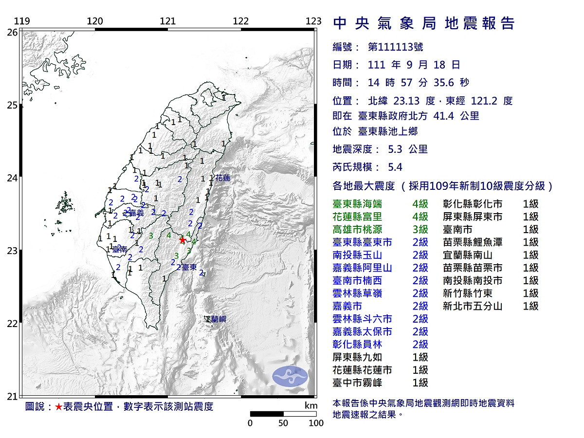 18日下午2:57位於台東縣池上鄉有芮氏規模5.4的餘震。 圖：中央氣象局／提供
