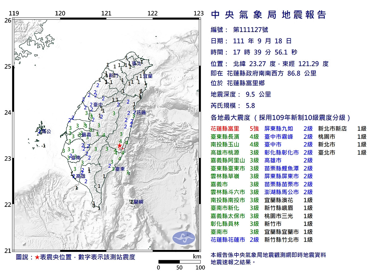 昨(18)日下午5時39分位於花蓮縣富里鄉也發生芮氏規模5.8的餘震。 圖：中央氣象局／提供