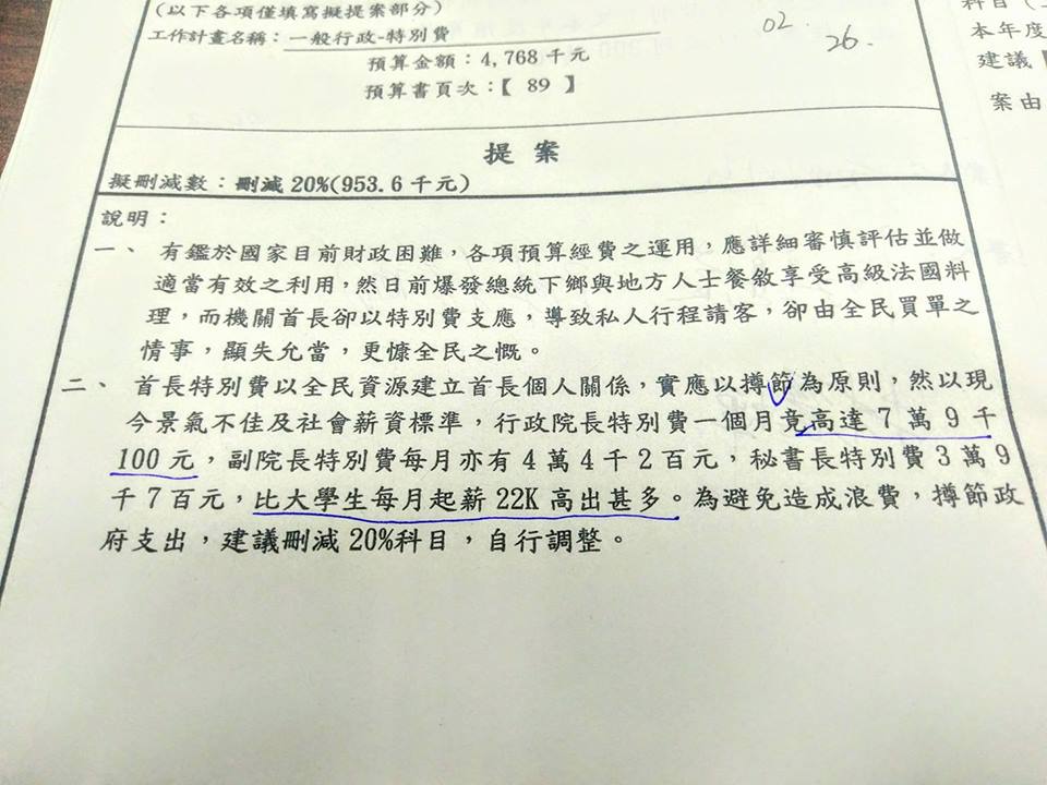 針對106中央政府總預算，國民黨立委提案刪減行政院正、副院長特別費預算。 圖：翻攝自鄭運鵬臉書