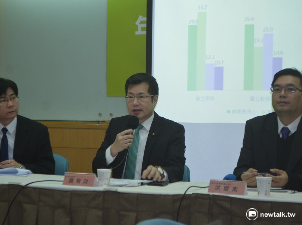 民進黨立委羅致政（中）表示，從民調觀察，民眾是認同年金改革的大原則，且對於議題的關注了解程度超乎我們想像，也顯示改革有其必要性與迫切性。 圖：柯昱安/攝