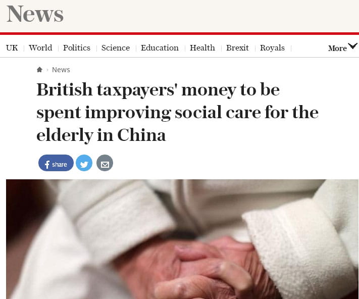 英國《郵報》報導，英國要納稅人的錢幫助中國老人，已經在英國國內掀起議論。
 圖：翻攝英國《郵報》