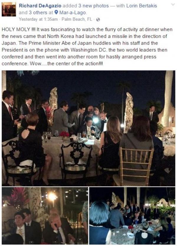 川普與安倍晉三（上圖坐者中）在佛羅里達州的馬阿拉歌莊園開起緊急會議，未料被旁人以手機拍下照片上傳臉書。 圖：翻攝網路/zeitgeist77.wordpress.com