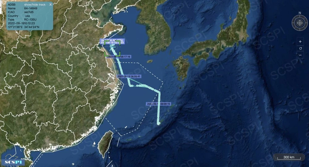 美軍電子偵察機9月19日闖中國東海防空識別區。 圖:翻攝自南海態勢感知微博