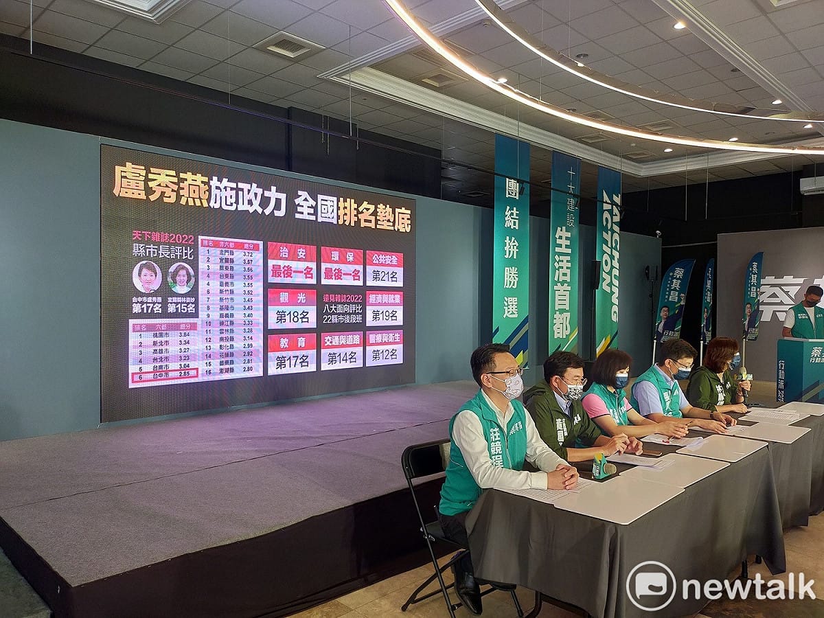 五位綠委拿出天下雜誌公布的縣市長評比，指台中市長盧秀燕甚至比涉嫌貪污的宜蘭縣長林姿妙還差。 唐復年/攝