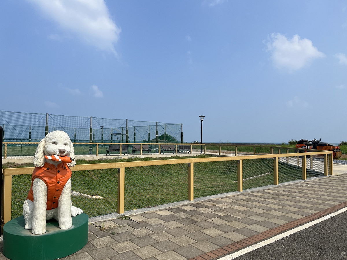 足球場旁的一大一小滯洪池分別做為大、小型犬放跑區，周圍以仿木柱、加鐵網的圍籬圍設，兼具安全性及美觀性，毛小孩可依照不同體型選擇進入，在安全的環境裡盡情自在的奔跑。 圖：新北市工務局提供