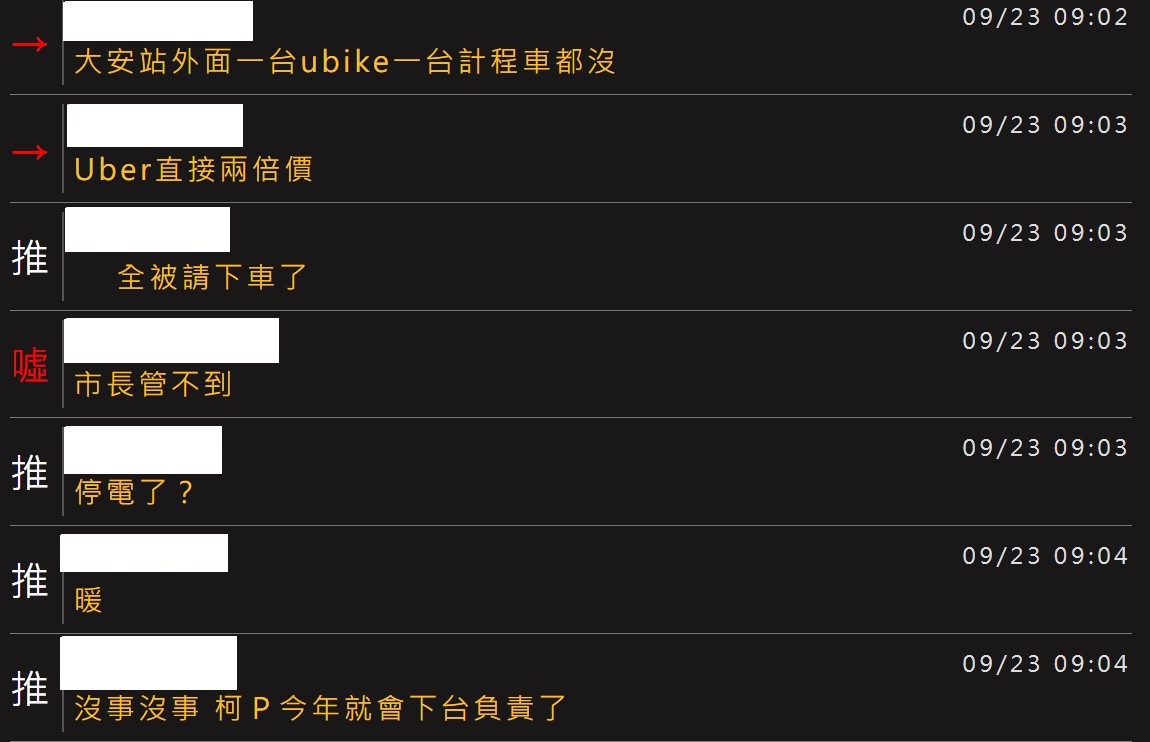 有網友表示捷運大安站一台ubike一台計程車都沒有，且uber還因此變兩倍價。 圖：取自PTT八卦版