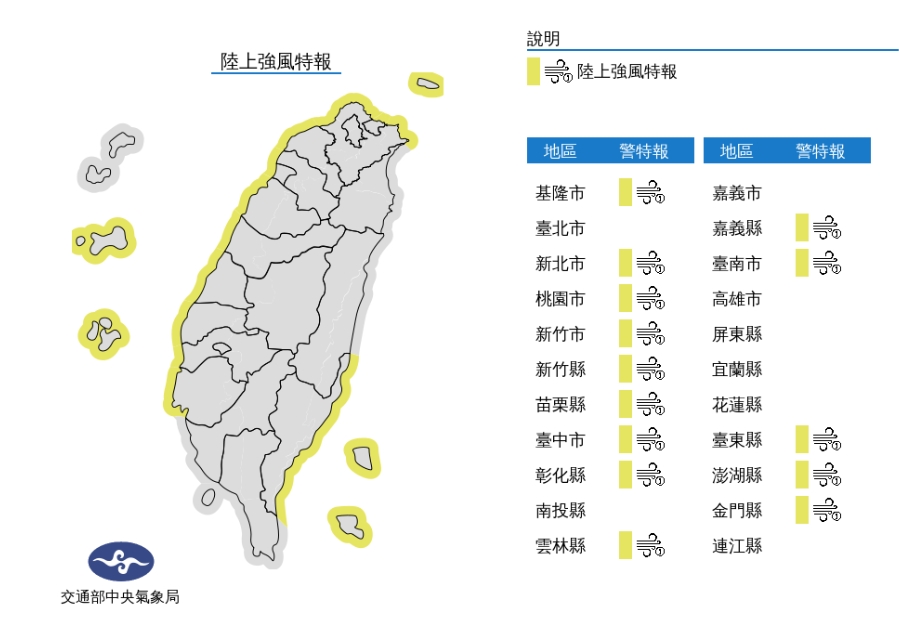 中央氣象局在上午9時40分發布陸上強風特報。