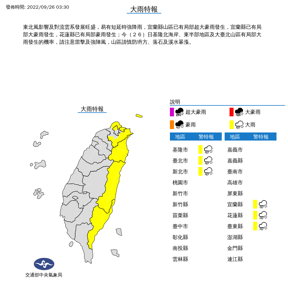 包括基隆市、雙北與花東等6縣市，今天凌晨都已經發布大雨特報，提醒民眾雷擊與強陣風。 圖：中央氣象局/提供