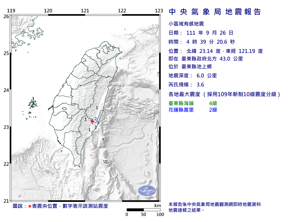今清晨04時39分，台東縣池上鄉發生規模3.6地震。 圖：翻攝自中央氣象局