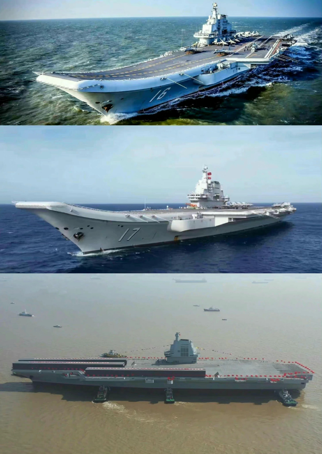 中國三艘航母，由上而下分別是，遼寧艦、山東艦、福建艦。 圖：翻攝自微博