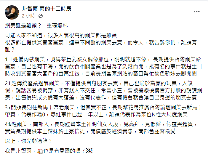 圤智雨突然點名4網美是「雞頭」。 圖：翻攝自圤智雨臉書