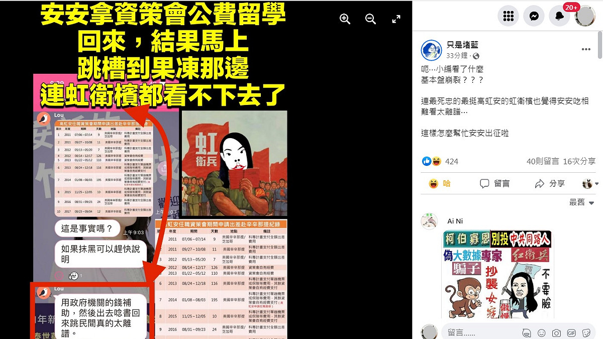 臉書「只是堵藍」粉專取得高虹安支持者的群組對話，支持者「lou」在群組上喊「用政府機關的錢補助，然後出去唸書回來跳民間真的太離譜。」 圖：翻攝自只是堵藍臉書