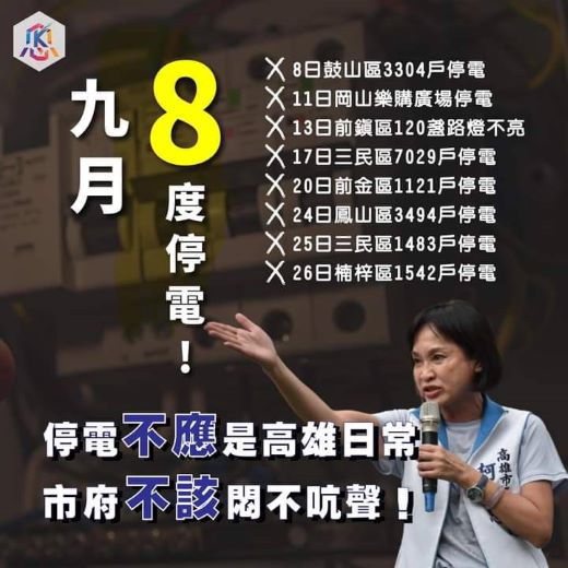 柯志恩臉書列舉高雄9月的停電事故。 圖：翻攝柯志恩臉書