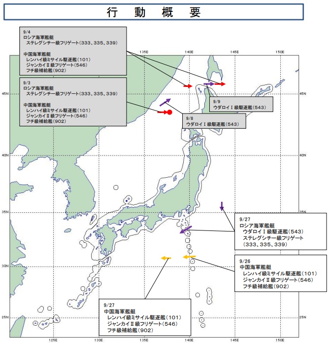 日本防衛省統合幕僚監部發布監控報告，26日晚間起陸續發現中俄7艘中俄軍艦行經伊豆群島海域。 圖：翻攝統合幕僚監部官網