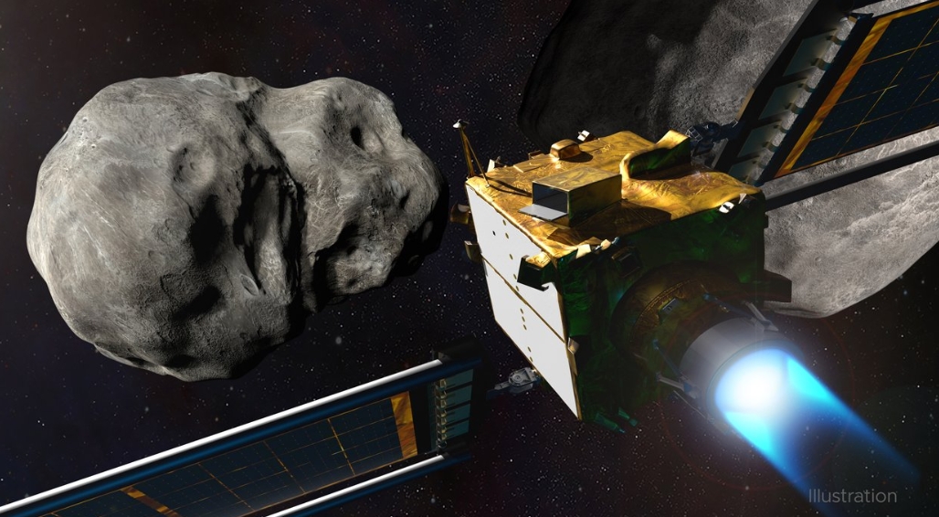 NASA飛行器DART撞擊小行星模擬圖。 圖：翻攝自NASA官網