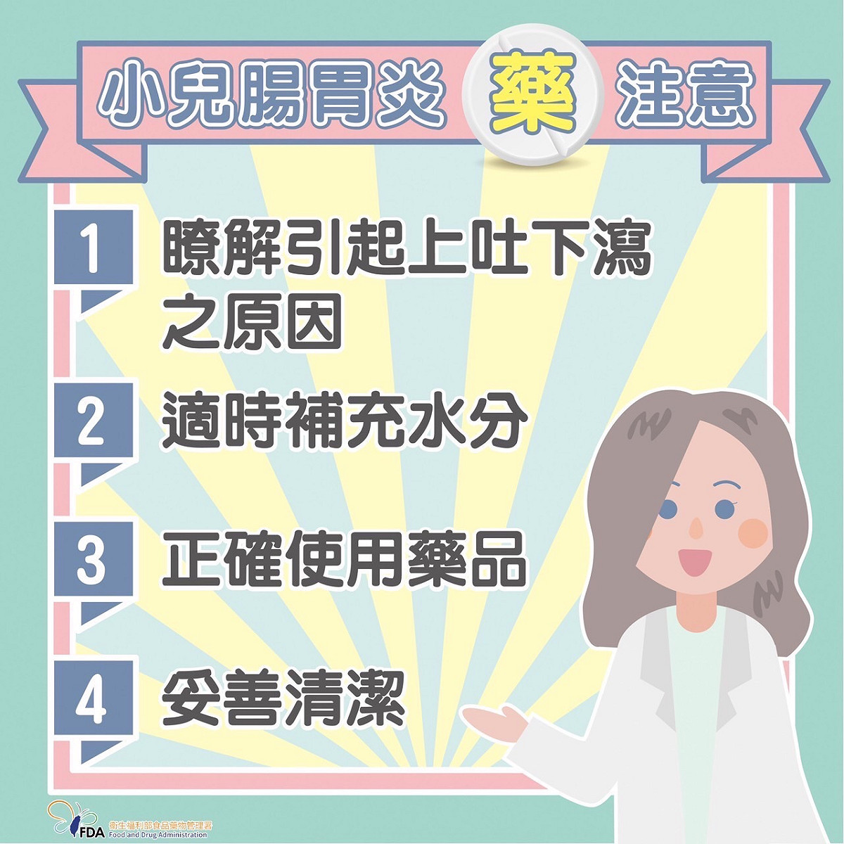 食藥署提醒小兒腸胃炎需注意的相關事項。 圖：食藥署/提供