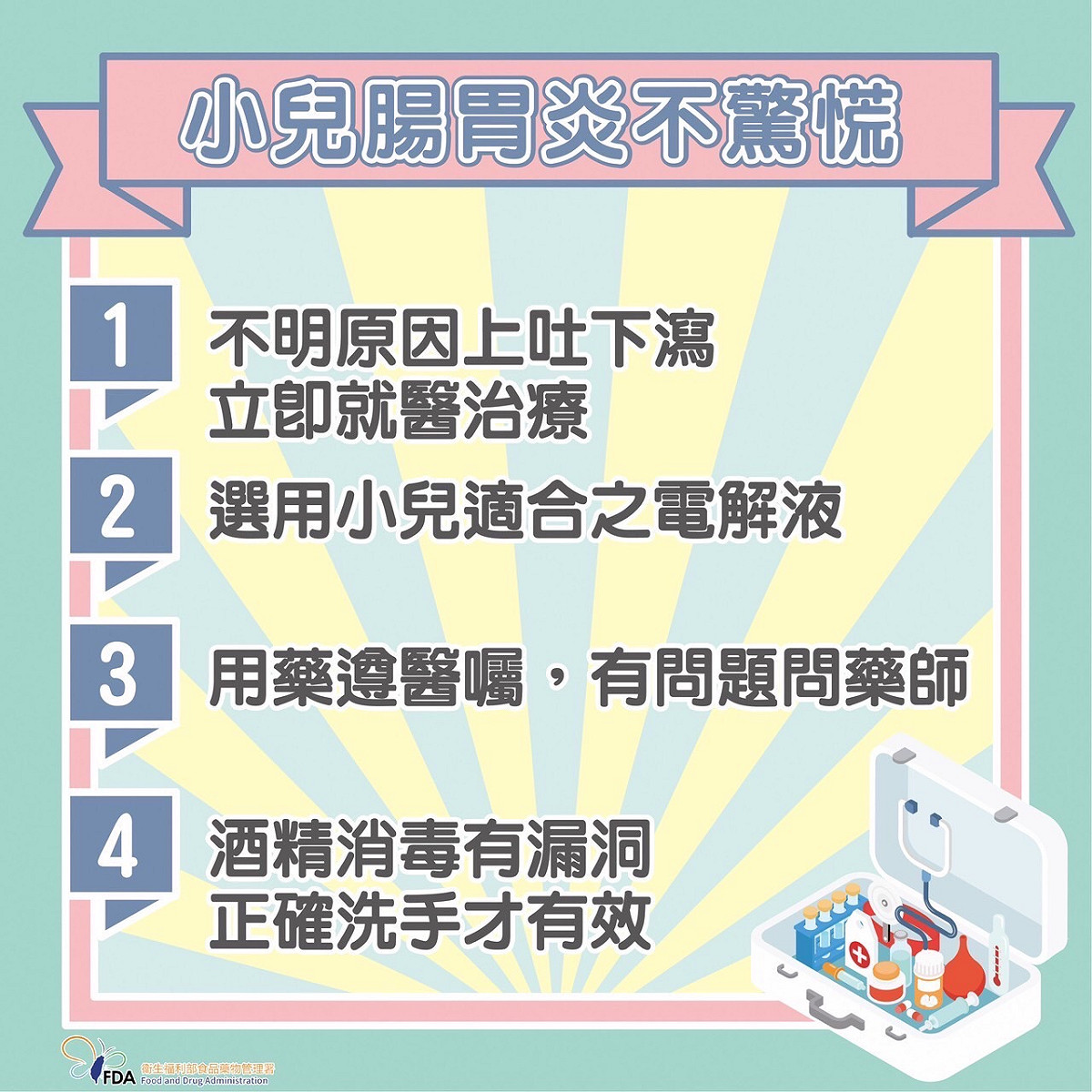 食藥署提醒小兒腸胃炎需注意的相關事項。 圖：食藥署/提供