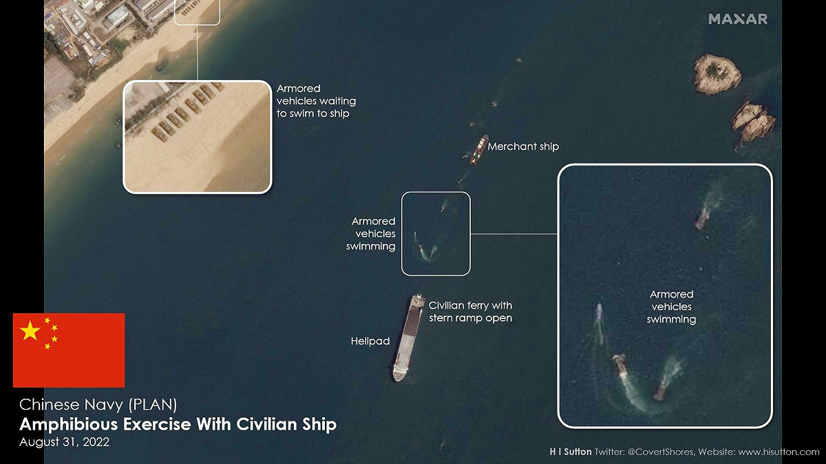 美國海軍軍事專家薩頓(H I Sutton)日前在PO出8月31日衛星偵照圖，指中國「渤海輪渡」集團旗下7艘大型「客滾輪船」出現在福建與廣東交界的大埕灣海域。 圖：翻攝H I Sutton推特