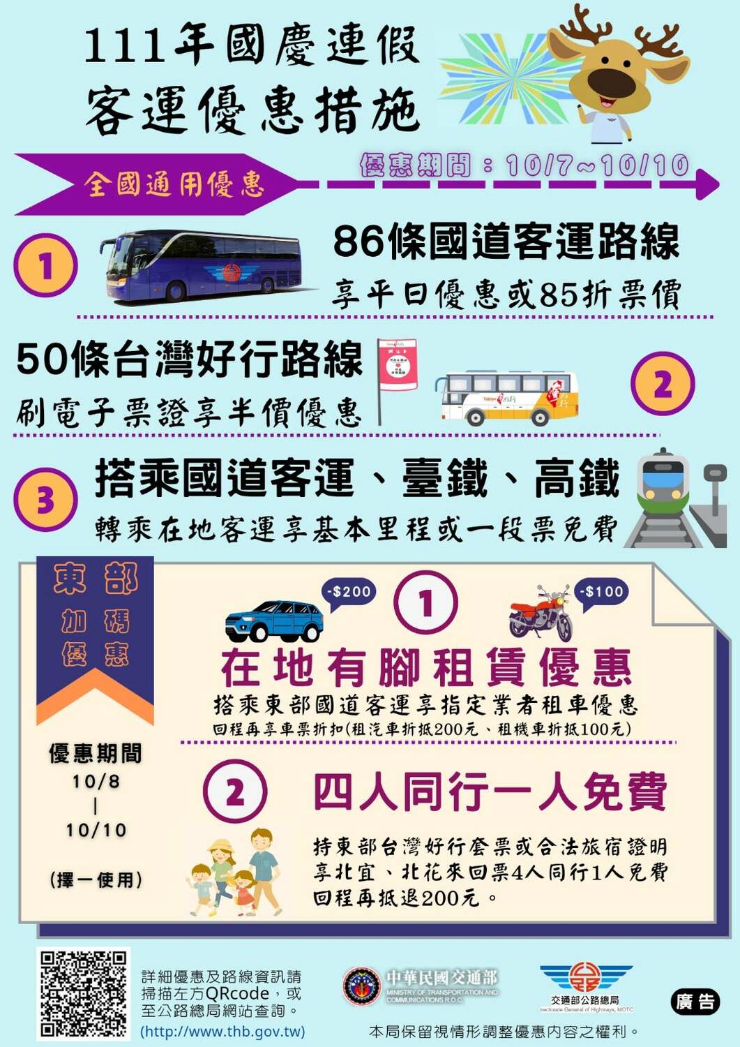 公路總局自10月7日0時起至10月10日24時提供多項客運優惠。 圖：交通部公路總局／提供
