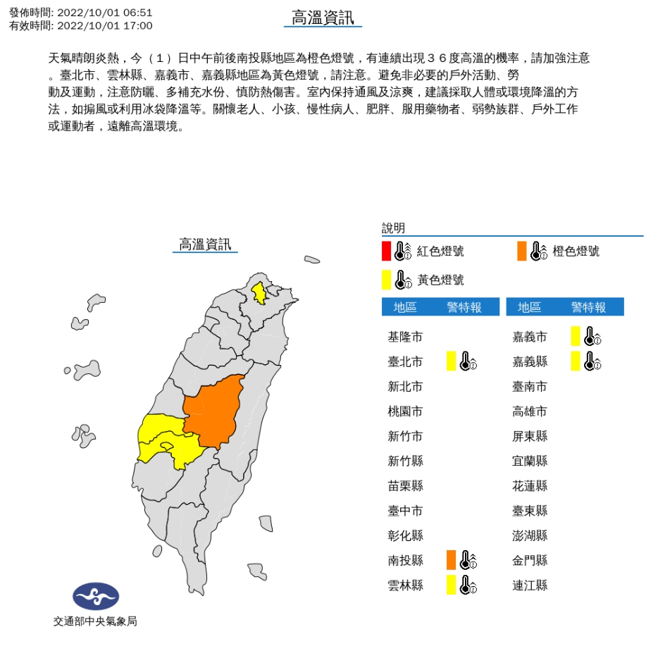 今天五縣市高溫飆36度，外出注意防曬。 圖/中央氣象局