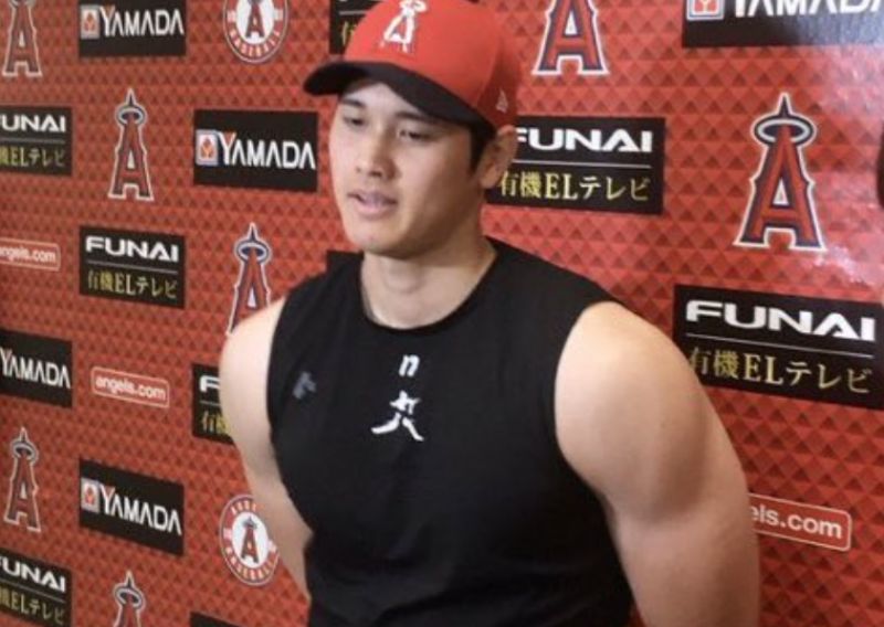 大谷翔平的肌肉驚人。 圖：擷自推特Bay_kazu21
