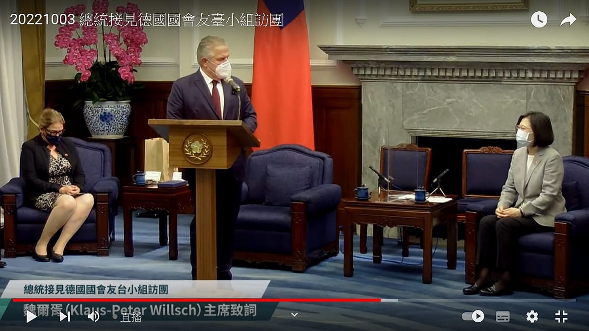 德國國會友台小組主席魏爾胥（Klaus-Peter Willsch）率團拜會總統蔡英文 圖：翻拍自總統府YouTube