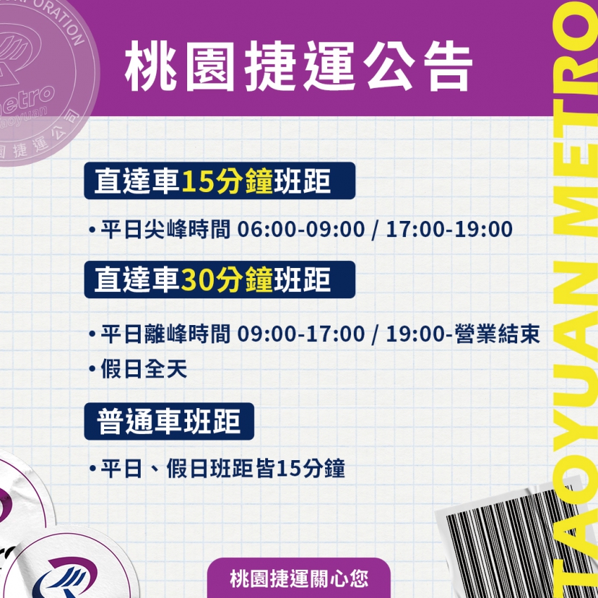 桃園捷運公司宣布10月13日起直達車平、假日離峰時段恢復為30分鐘班。 圖：桃園大眾捷運股份有限公司／提供