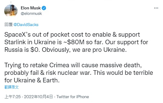 馬斯克今(4)日發推文強調，為了向烏克蘭提供Starlink的衛星網路服務，SpaceX迄今自掏腰包約8000萬美元(約25.4億台幣)，該公司「明顯」支持烏克蘭抵抗俄羅斯入侵。 圖：翻攝自Elon Musk Twitter
