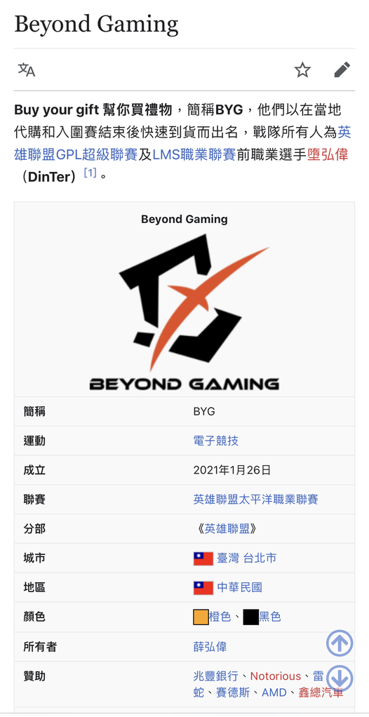 有網友直接將BYG戰隊的維基百科改為「Buy your gift（幫你買禮物）」，嘲諷BYG只是到墨西哥幫忙代購，更有人直接將戰隊創辦人丁特的舊事重提，寫下GPL、LMS前職業選手「墮弘偉」。 圖：翻攝自BYG維基百科