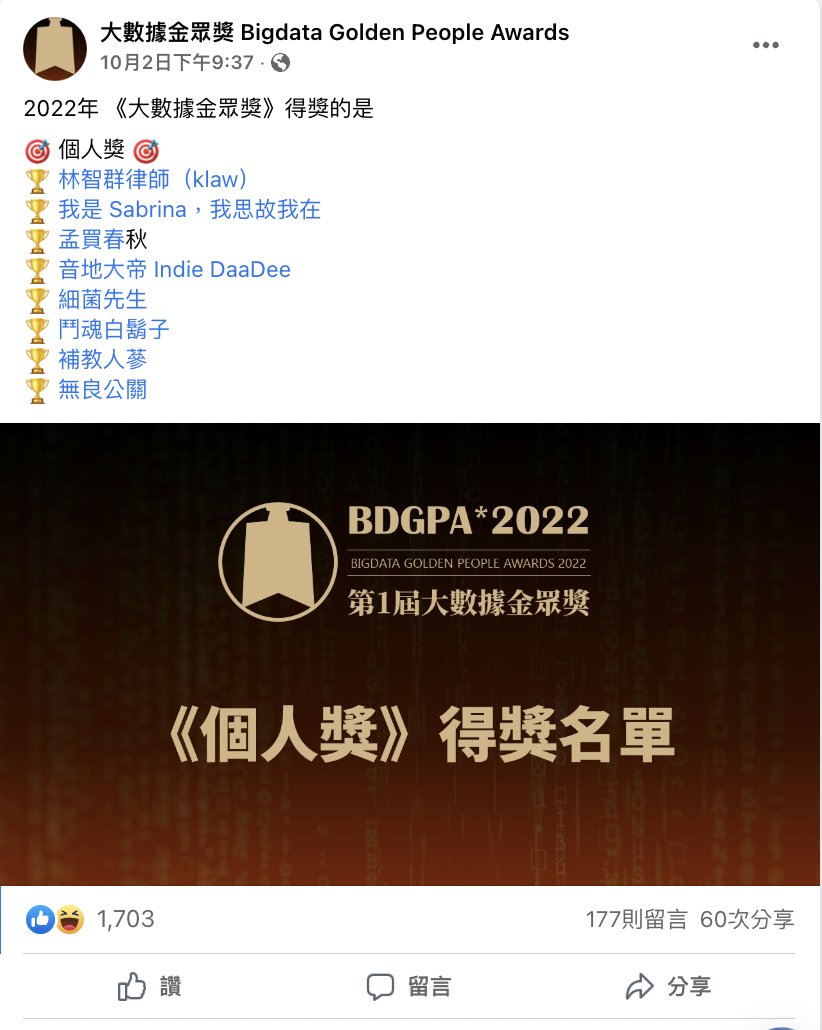 網友惡搞成立「大數據金眾獎」頒獎給入榜粉專。 圖：翻攝自大數據金眾獎臉書
