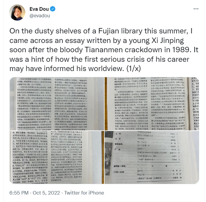 《華盛頓郵報》記者竇伊文找到習近平在六四天安門事件後，發表的一篇文章，引起熱烈討論。 圖：翻攝自竇伊文推特