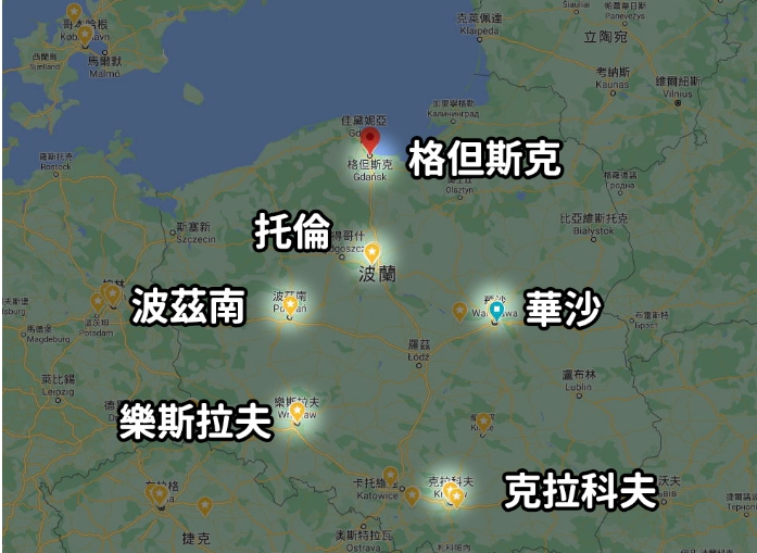 波蘭格但斯克地理位置圖，其美軍基地接近北溪天然氣瓦斯管線海底爆炸點。 圖 : 翻攝自hojenjen.com