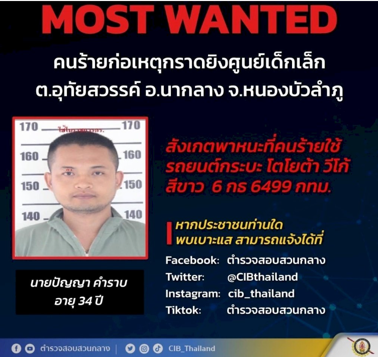 泰國一名男子開槍襲擊托兒所，兇嫌作案回家後，先槍殺妻兒再自盡。 圖：翻攝自推特