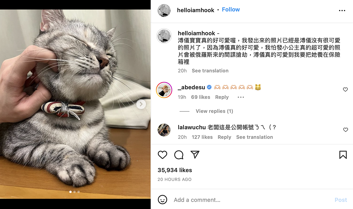 她也po出多張照片到社群上，狂誇「溥儀」超級可愛。 圖：翻攝自HOOK IG
