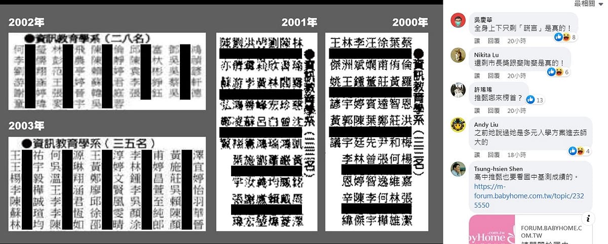 有網友去圖書館翻2000~2003年師範大學資訊教育系榜單，上面並沒有「高X安」的名字。 圖：翻攝自臉書