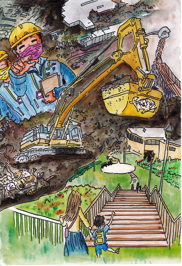 「蛻變」畫作，呈現整頓五股垃圾山的艱辛，及在地民眾與市府敢於改變的勇氣；也讓人思考翻轉五股所具有的廉政積極意義。 圖：新北市城鄉局提供
