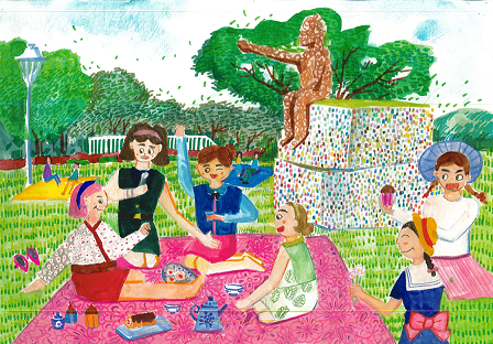 「青青草原夏日同樂野餐會」畫作，呈現五股夏綠地已成為都市新綠洲。 圖：新北市城鄉局提供