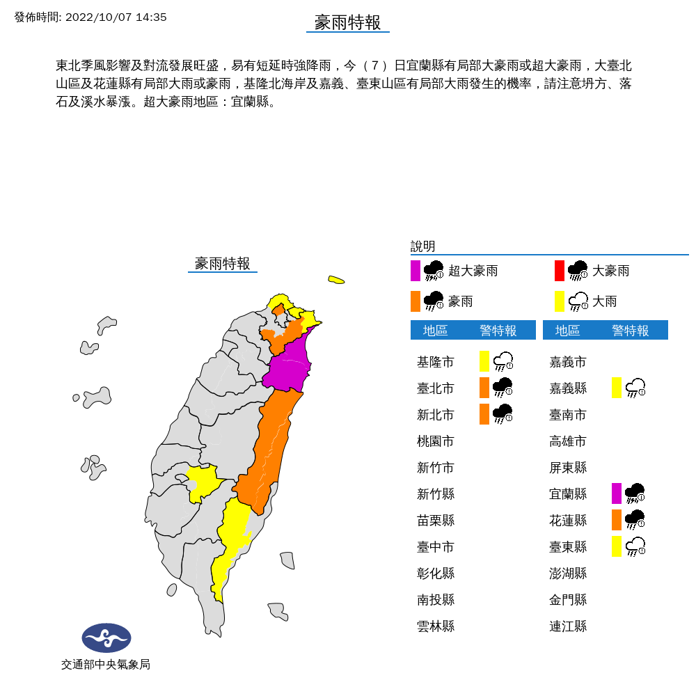 雨區擴大，氣象局下雨在對7個縣市發布豪大雨特報。 圖：取自中央氣象局官網