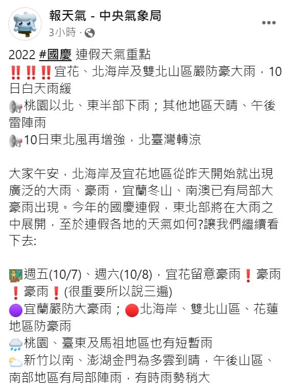 受到東北風影響，週末北台灣天氣仍不穩定，尤其是宜蘭可能會亮紫燈下起「超大豪雨」。 圖：取自中央氣象局臉書