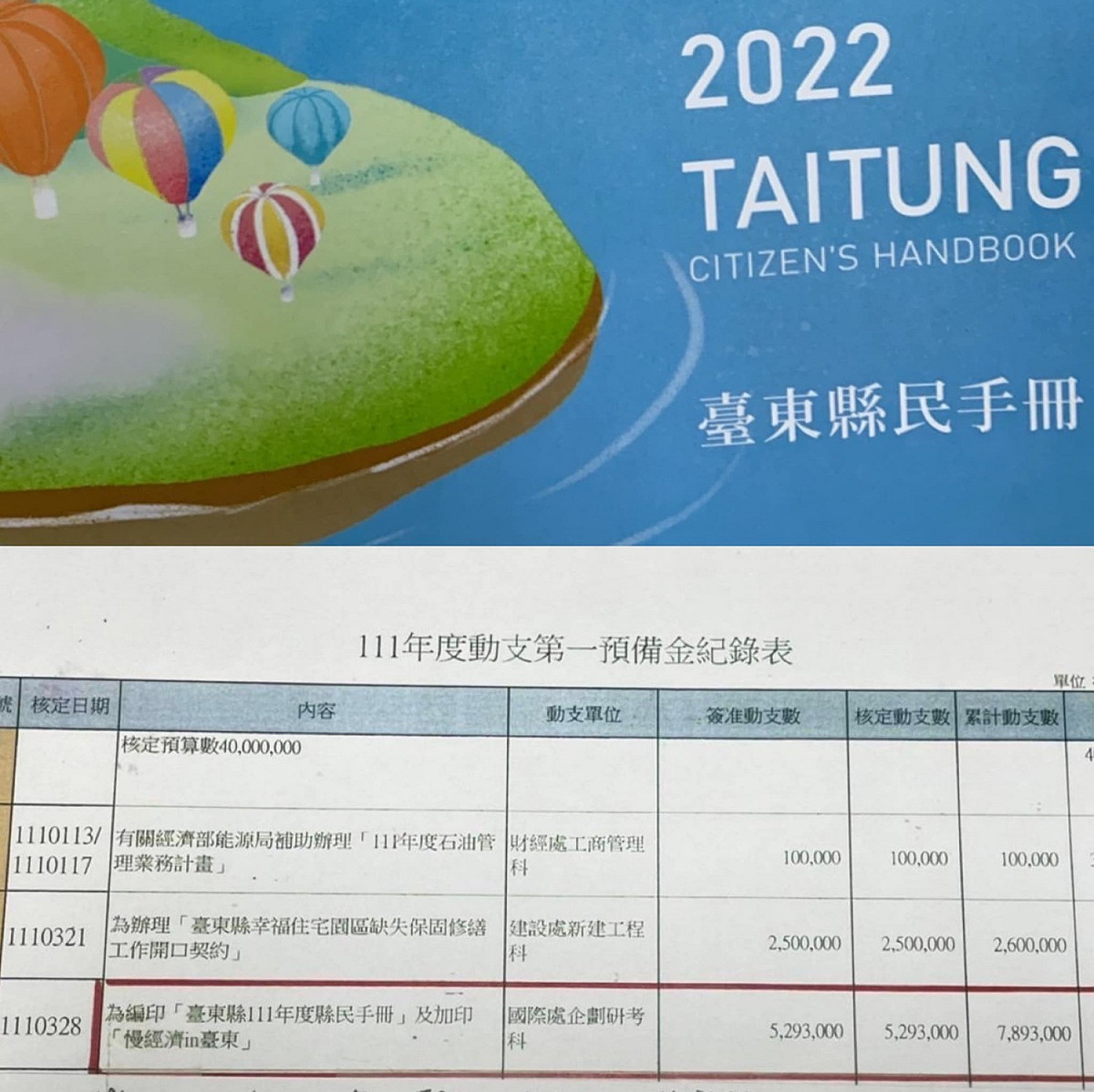 王浩宇PO出相關資料，台東縣政府動用第一預備金529萬印製縣民手冊。 圖：取自王浩宇臉書