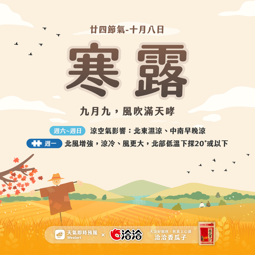 《天氣即時預報》表示，今天是廿四節氣中的「寒露」。 圖：取自《天氣即時預報》臉書