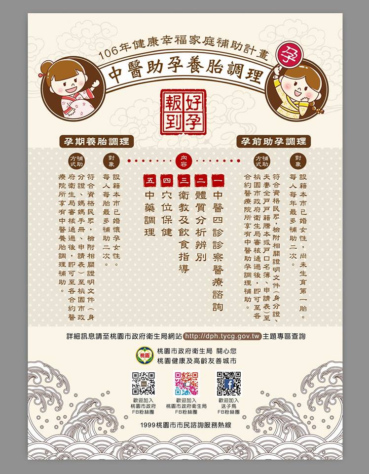 桃園推動「健康幸福家庭補助計畫」，由衛生局與桃園市中醫師公會合作，納入中醫專業調理服務，提供包括中醫四診診察醫療諮詢、體質分析辨別、衛教及飲食指導、穴位保健、中藥調理等5項服務。 圖：翻攝自鄭文燦臉書