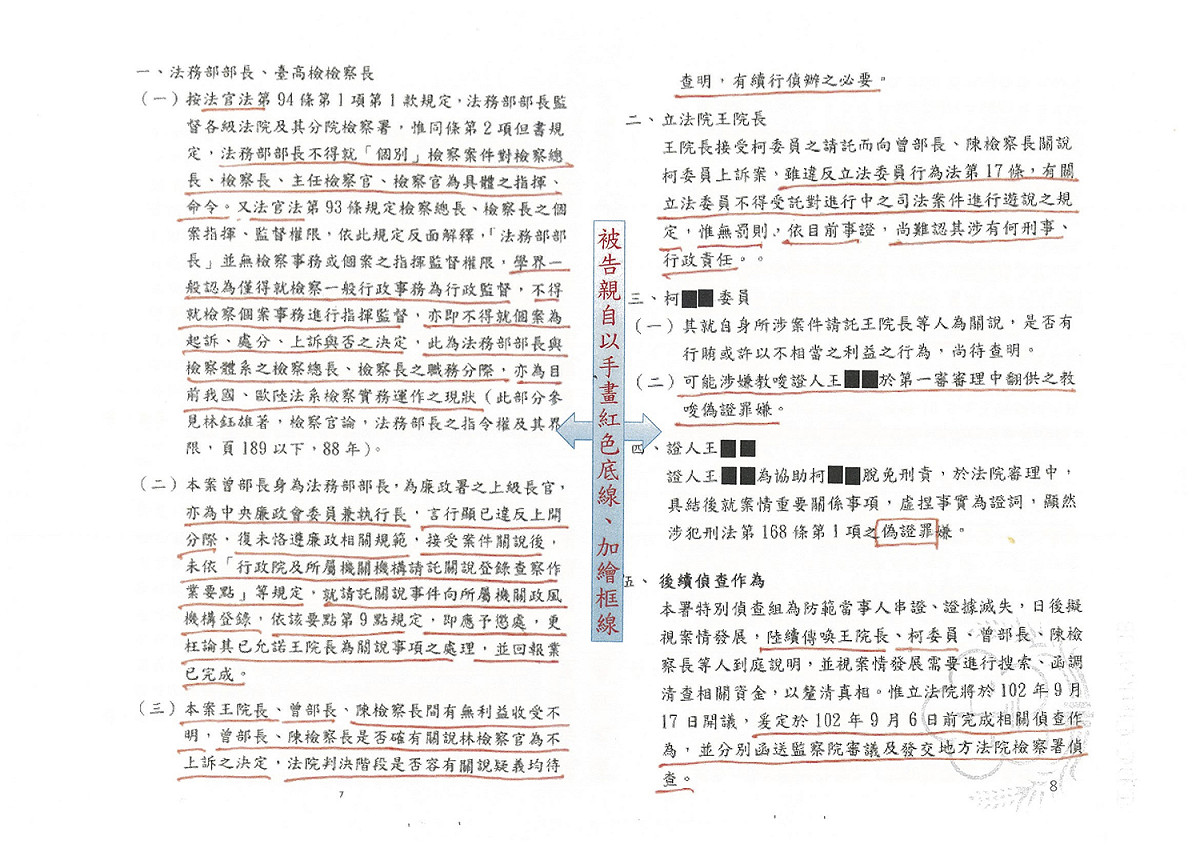 馬英九送交檢方的「專案報告」中，有其手畫紅色底線、加繪紅色框線的痕跡。 圖：翻攝自地檢署簡報。