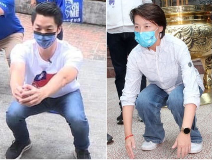 蔣萬安(左)與黃珊珊(右)深蹲，意外成為話題。 圖:中央社/合成圖