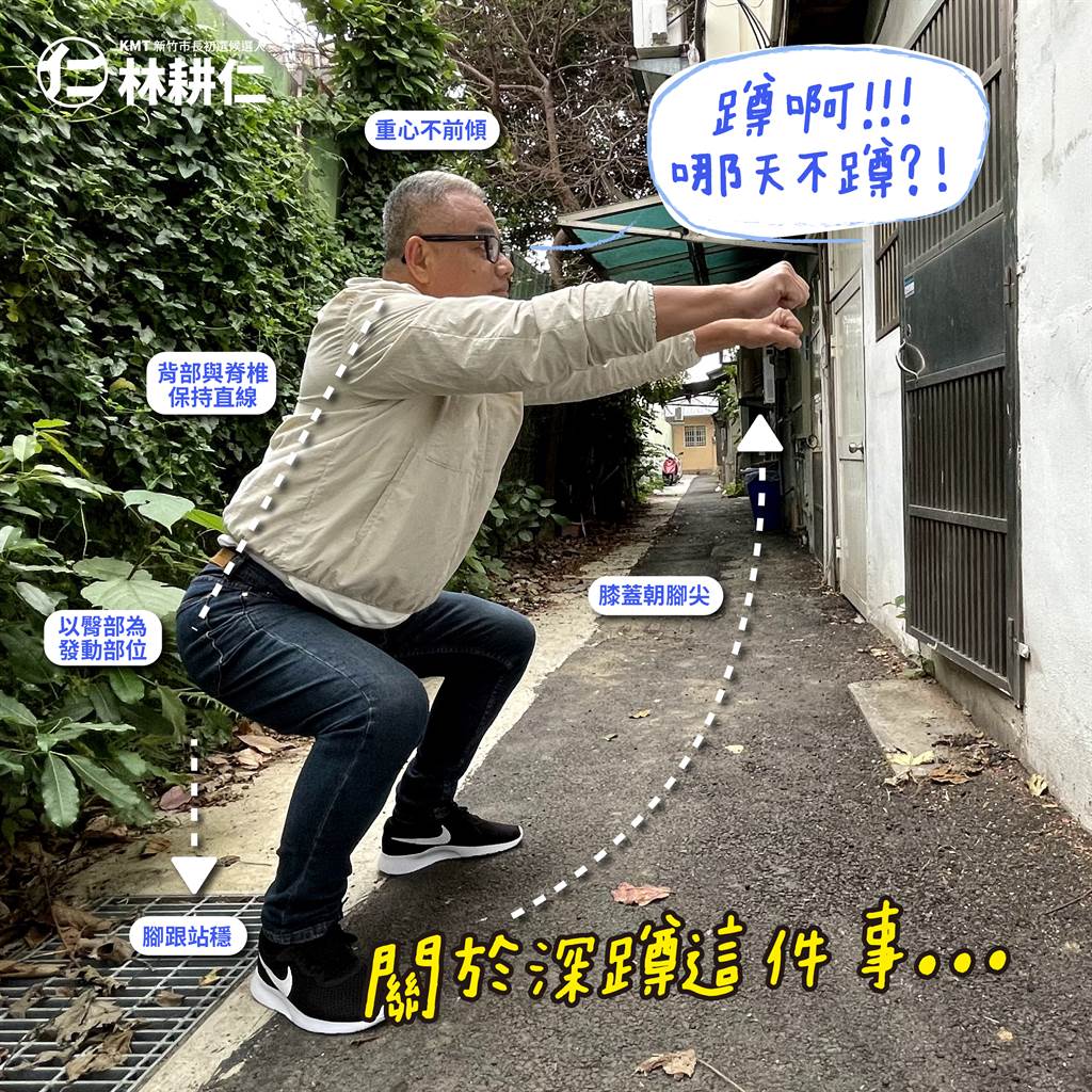 台灣高齡化政策暨產業發展協會去年曾發起「深蹲有愛，肌少不在」公益接力活動，許多政治人物紛紛參與，圖為新竹市長參選人林耕仁。 圖:林耕仁臉書