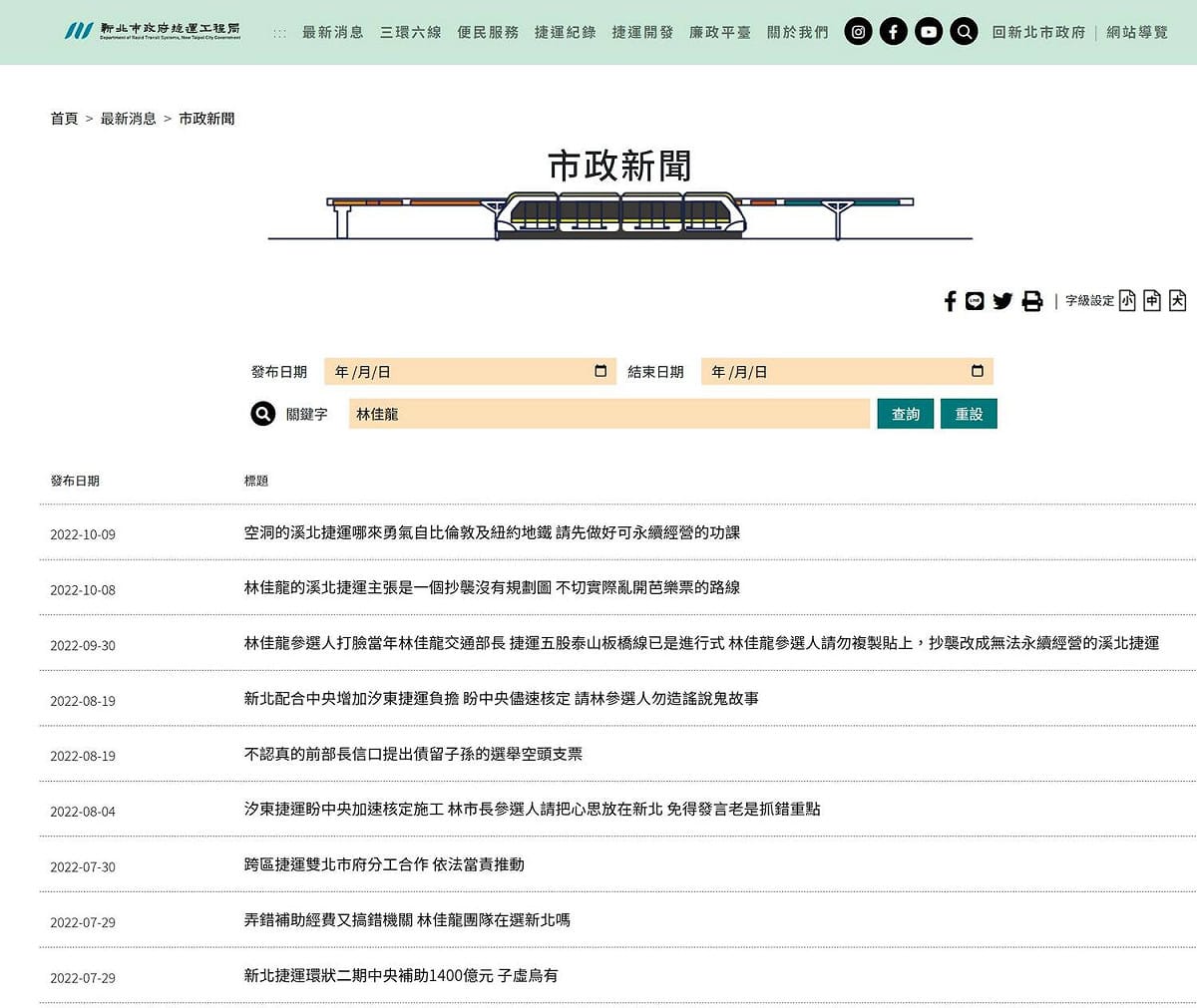 新北捷運局的「市政新聞」抨擊林佳龍的政見。