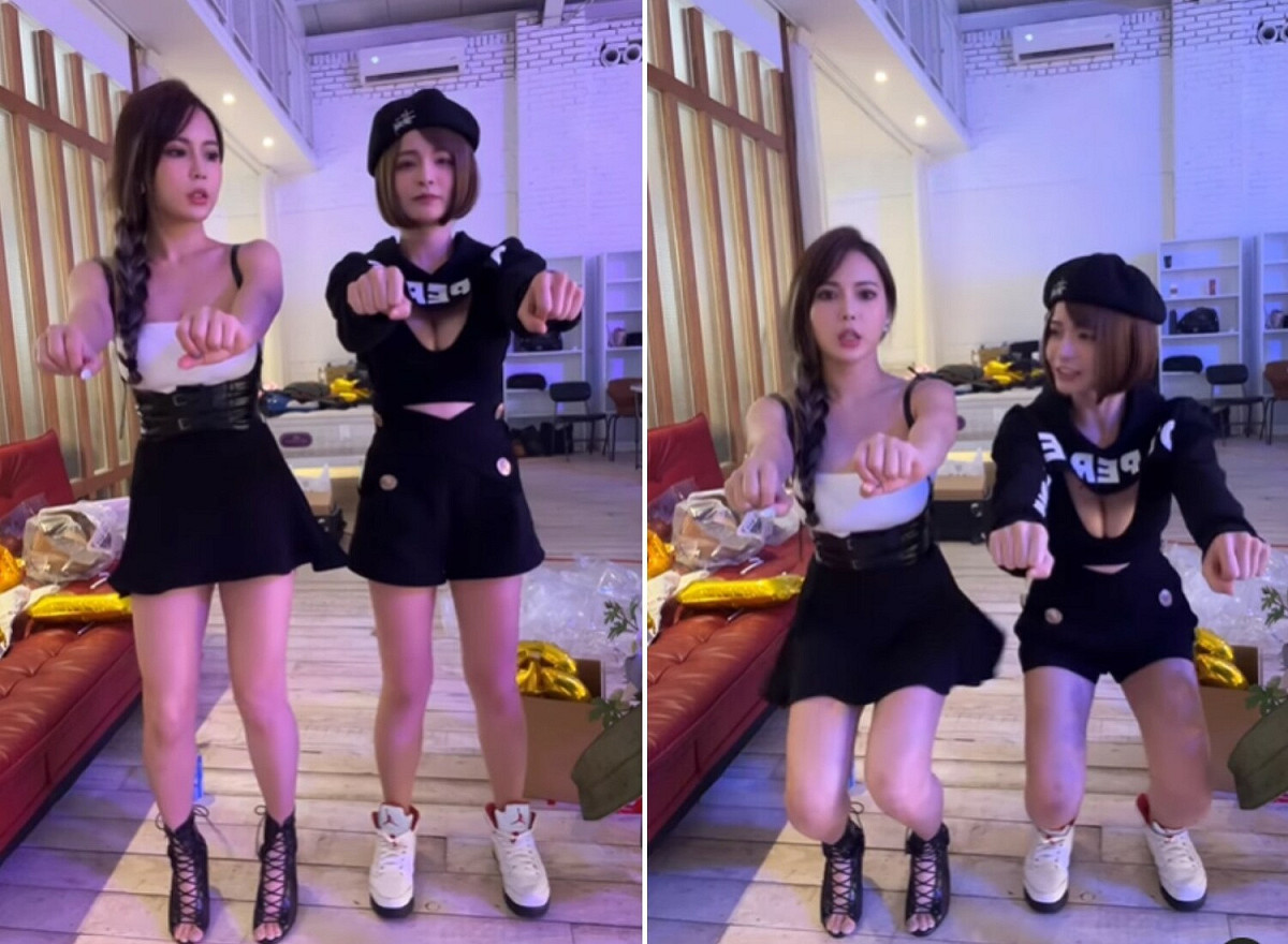 郭鬼鬼(右)揪肝連妹(左)一起做深蹲。 圖：翻攝自IG/angelakuo0504、miaoo131
