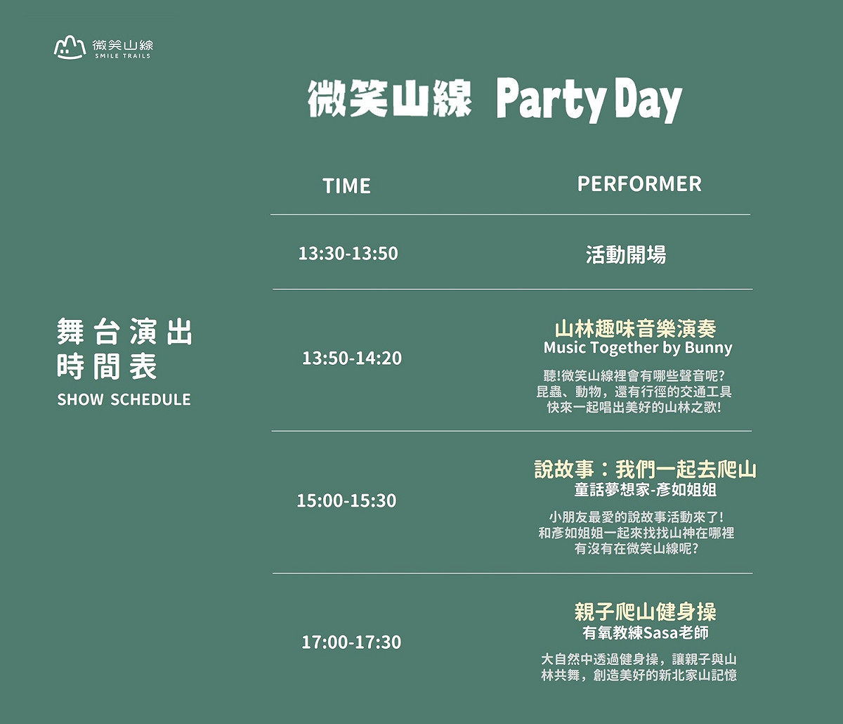 「微笑山線Party Day 親子這樣玩」舞台活動演出時間表。 圖：新北市觀旅局提供