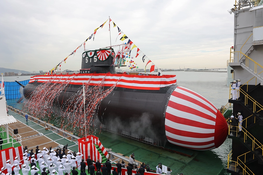 日本三菱重工承造「大鯨級」潛艦3號艦，12日命名「迅鯨號(じんげい，SS-515)」，並舉行下水儀式。 圖：翻攝三菱重工官網
